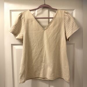 Ann Taylor V-Neck White and Beige Gingham Checkered Top